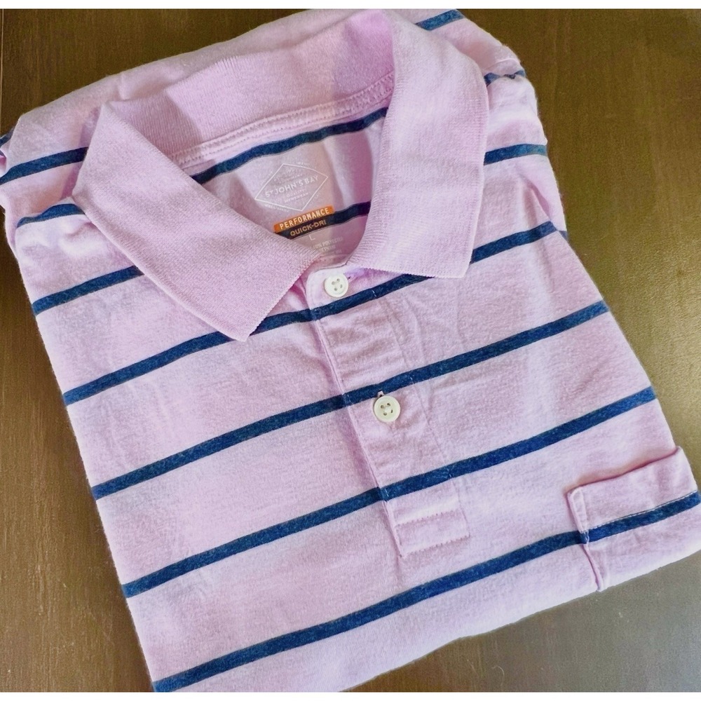 St. John's Bay Men's Performance Polo Shirt L Pink Blue Stripe Quick-Dri